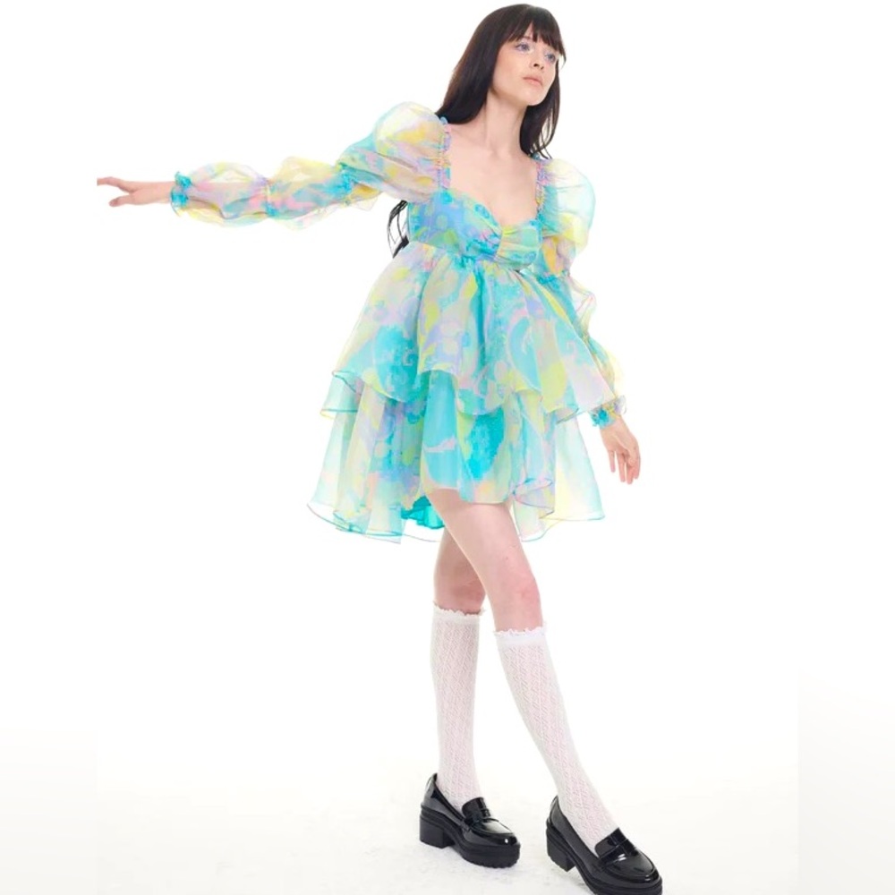 SELKIE Moonlight Puff Mini Dress Electric Lady Blue Tiered L NWT